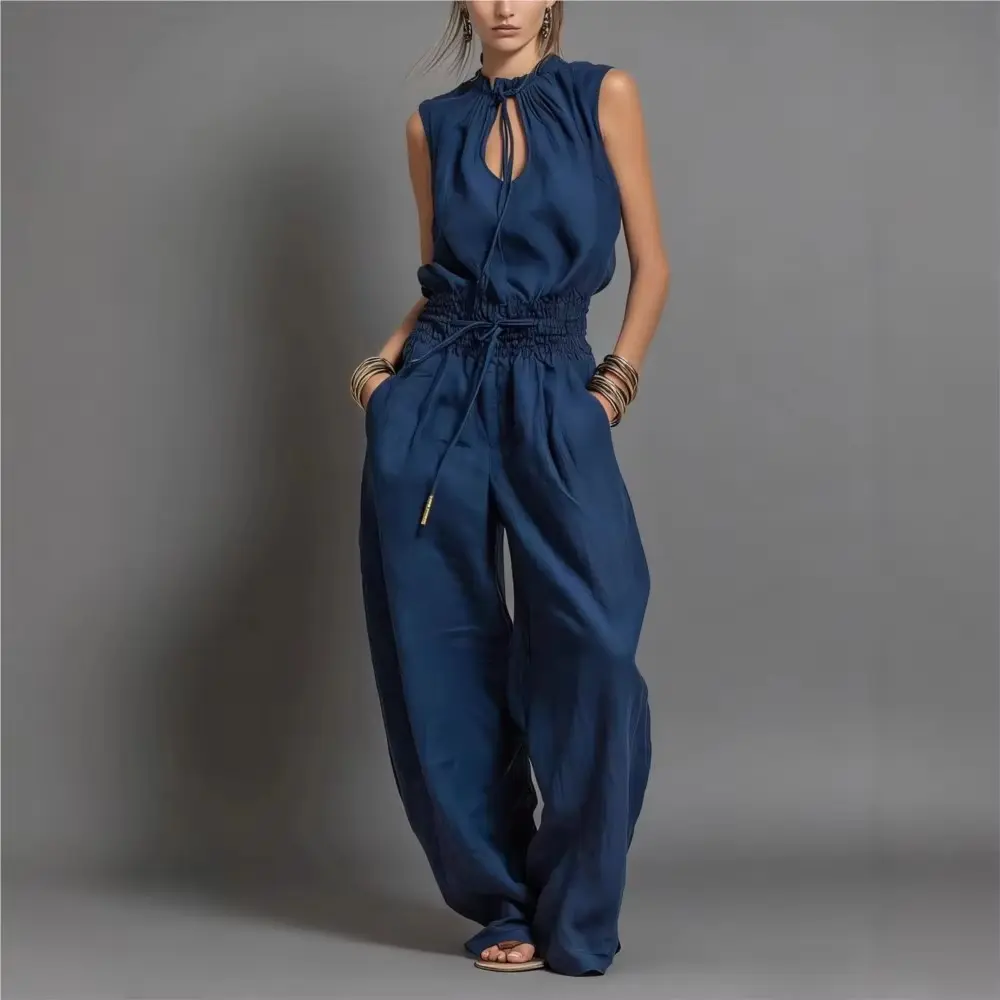 Women's 2-Piece Hollow Lace Essential Clothing Set - Summer Solid Color Baggy Oversize Wide-Leg Trousers, Sleeveless Adjustable Lace-Up Waist Jumpsuit, Womenswear Accessories, Elegance, Fit, Casual, Breathable