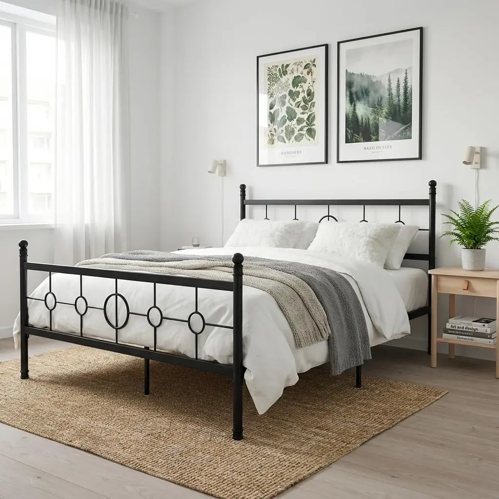 Twin/Full/Queen/King Black Metal Platform Bed Frame with Vintage Round Headboard, Heavy-Duty Iron, Under-Bed Storage, Noise-Free, No Box Spring, Easy Assembly