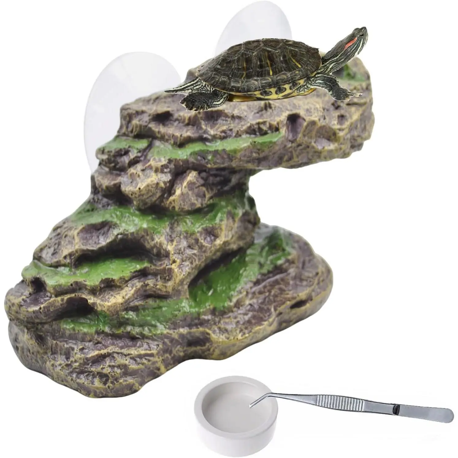 Turtle Basking Platform with 2 Pcs Suction Cups,Resin Floating Dock for Turtles,Tortoise Climbing Ramp Shale - Ideal for Aquatic Turtles,Stable & Durable,Easy to Install(Green Brown)