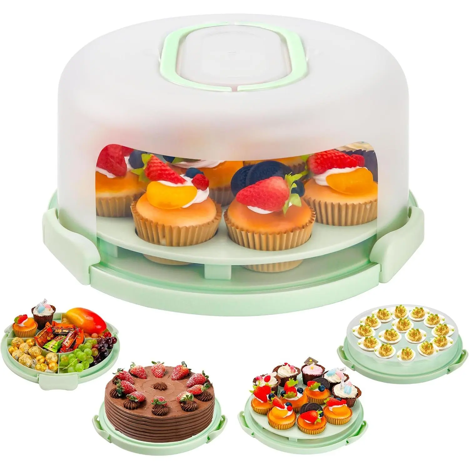 Round Green Plastic Bakeware 4-in-1 Handheld Multipurpose Cake Carrier with Handles, Transparent Lid, Cupcake Trays, Egg Trays for 11 in Cake Transport, Parties, Sturdy