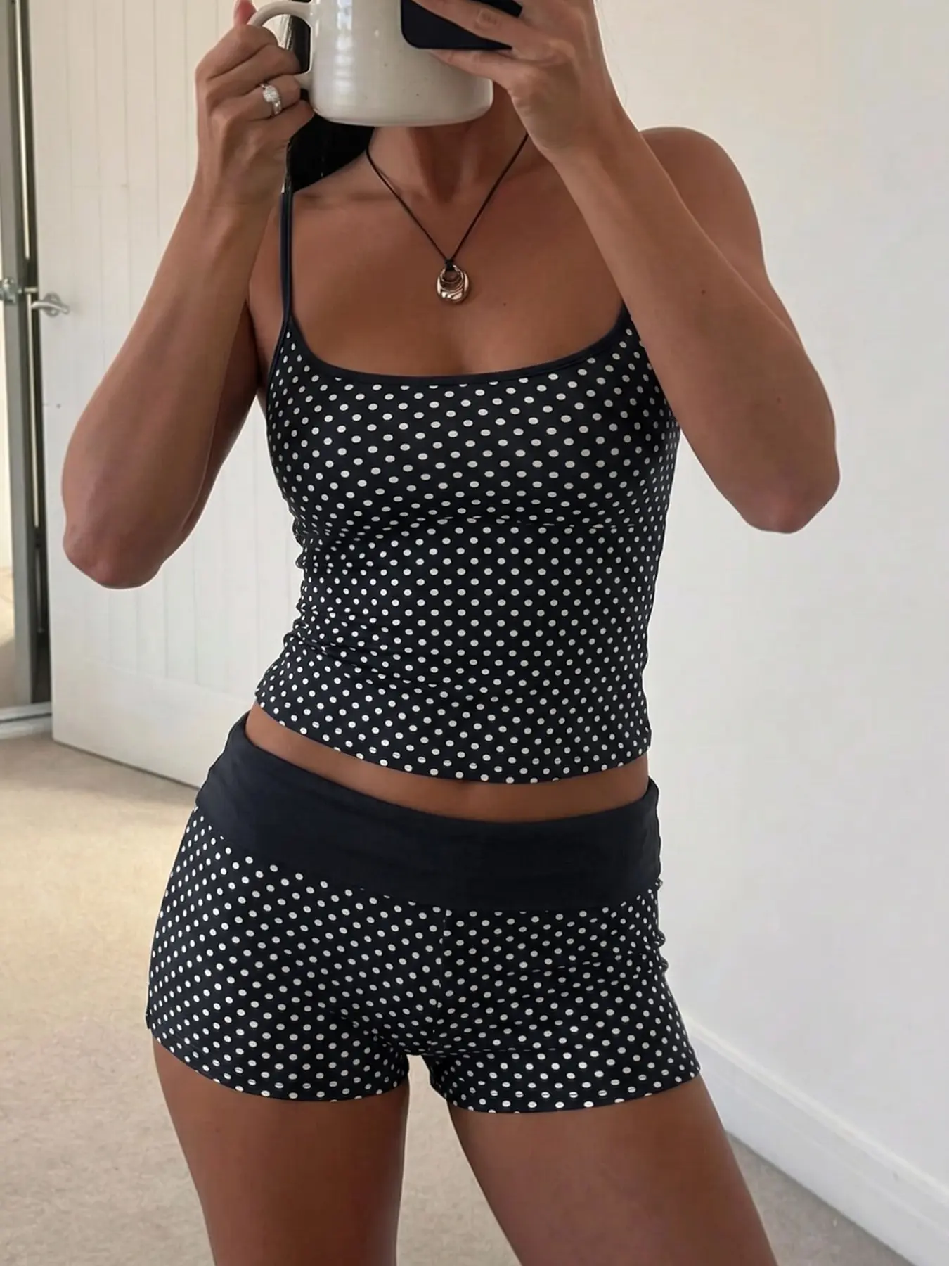 Navy Polka Dot Cami Top And Shorts Set Sexy Spaghetti Strap Tank Top Low Waist Mini Shorts Two Piece Outfit Y2K Summer Casual Loungewear Going Out Streetwear Cute Slim Fit Matching Set For Women Camisole Sets