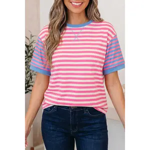 Pink Stripe Contrast Patchwork Short Sleeve Loose Tee