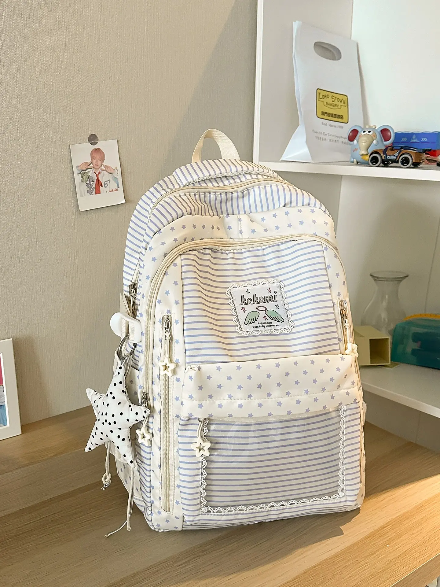 Sweet Striped Star Backpack, Girl's Heart Lace Polka Dot Details, Large Capacity Student Commuter Bag, College Backpack, Lightweight Everyday Backpack, College School Backpack, Casual Backpack