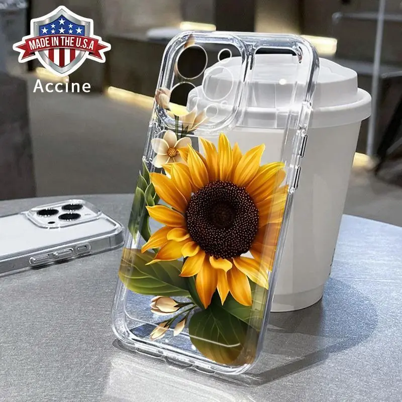 Sunflower Pattern TPU Smartphone Protector Case for iPhone 11,12,13,14,15,16,17 Pro Max,XR,XS,SE Plus - Transparent,Non-Yellowing,Shockproof Drop Protection Cover for Handheld Devices Accessories, Casing