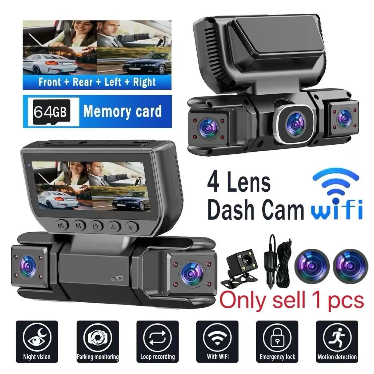 1080P Full HD Four-Channel Dashcam for Cars, Front Back Left Right Cameras, Night Vision, WiFi Support, 64GB SD Card Included, Loop Recording