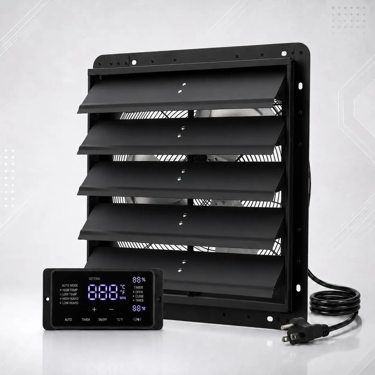 Garvee 16 in EC Motor Wall-Mount Shutter Exhaust Fan - 1550-3000 CFM, Touchscreen Controller, 10 Speeds, Temp & Humidity Control, Quiet Heavy-Duty Ventilation Tool