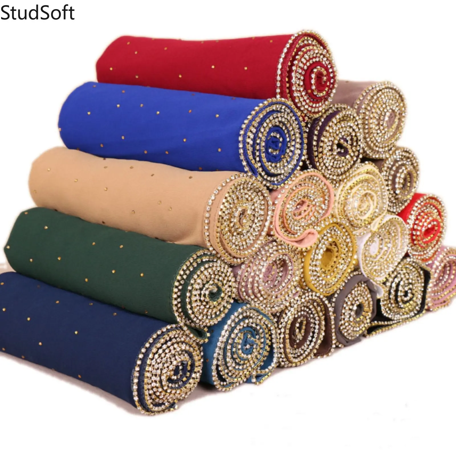 Women's Chiffon Hijab Scarf Luxury Rhinestone Border Long Head Wrap Soft Breathable Muslim Shawl Sparkly Diamond Neckchief for Ladies Wedding Daily