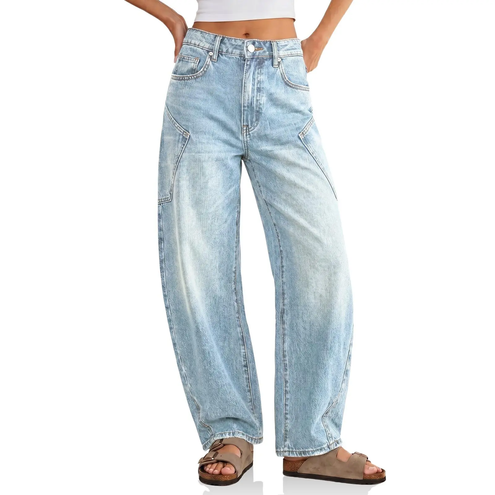 Flowyair Womens Baggy Barrel Jeans Raw High Waisted Wide Leg Denim Pants
