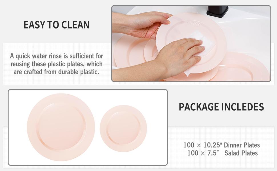 GOODLUCK 200PCS Disposable Pink Plastic Plates Heavy Duty Food Grade BPA Free 100 Dinner 100 Dessert Plates for Party Wedding Baby Shower Engagement Birthdays Mother's Day