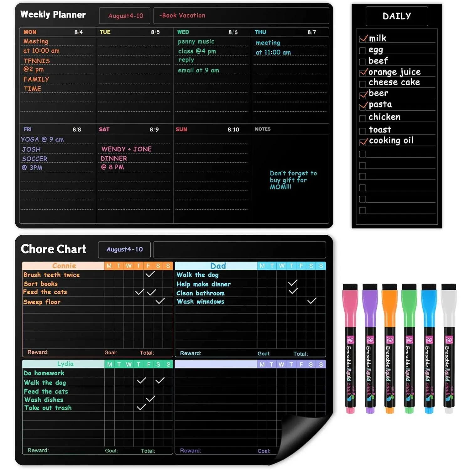 Fridge Black Whiteboard Calendar Set(3-Pack),1 Pcs  Chore Chart and 1 count Refrigerator Weekly Planner,1 Pcs List and 6 Markers, Chore Chart for  Multiple  Teens Adults Family