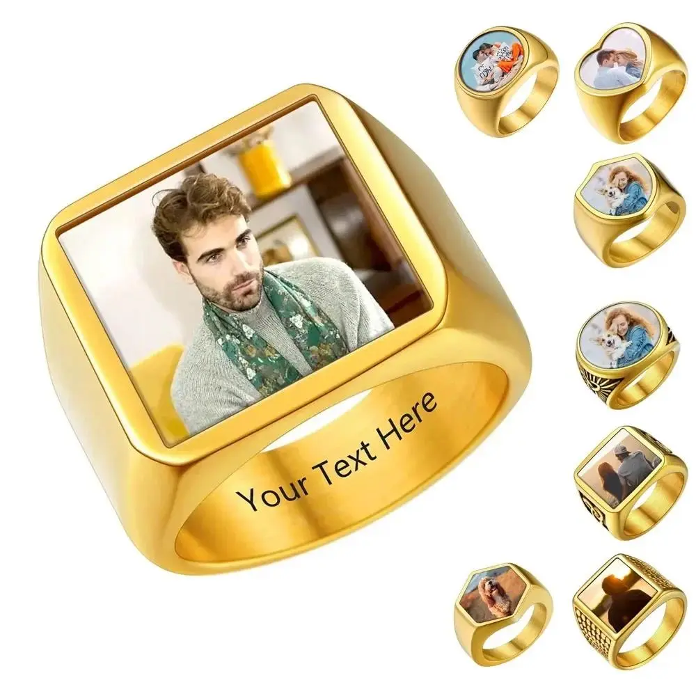 Custom Photo Rings for Men Woman 316L Stainless Steel Logo Symbol Image Family Photo Square Round Heart Personalized Jewelry