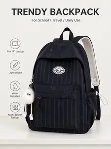 Star Striped Backpack, Cute Plush Ball Charm, Large Capacity Casual School Bag, Teenager Fashionable Shoulder Bag
