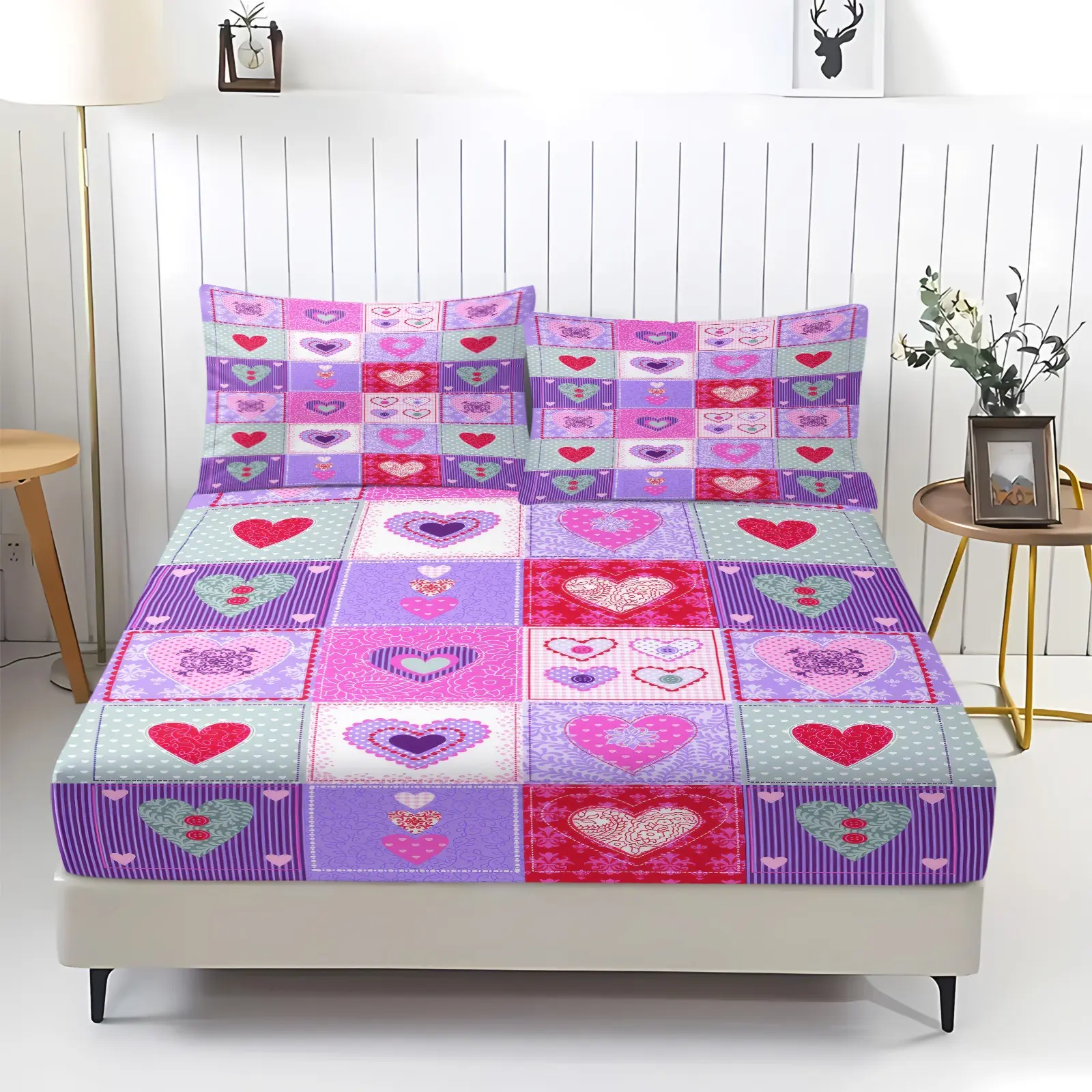 Multicolor Heart Patchwork Pattern Fitted Sheet Set, 3Pcs Digital Print Bedding Set, All-Round Deep Pocket Fitted Sheet, Sweet Romantic Bed Set Linens for Girls Bedroom Decor. 2 Pillowcase, No Filling