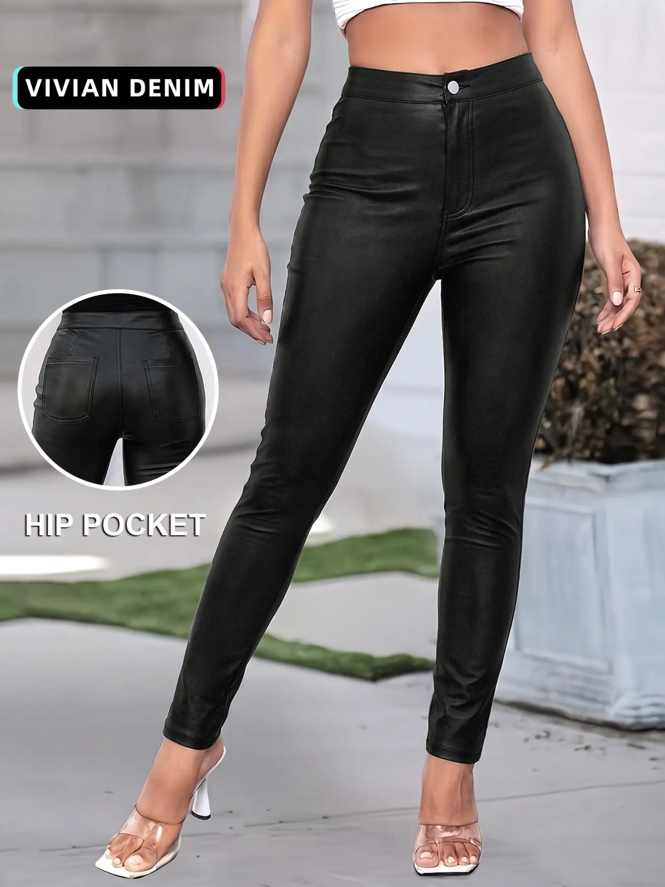 Imitation Leather Tight Fit Skinny Pants, Elastic Waist Back Pocket Design, Slimming Middle-Aged Women's Commuter Style Long Jeans