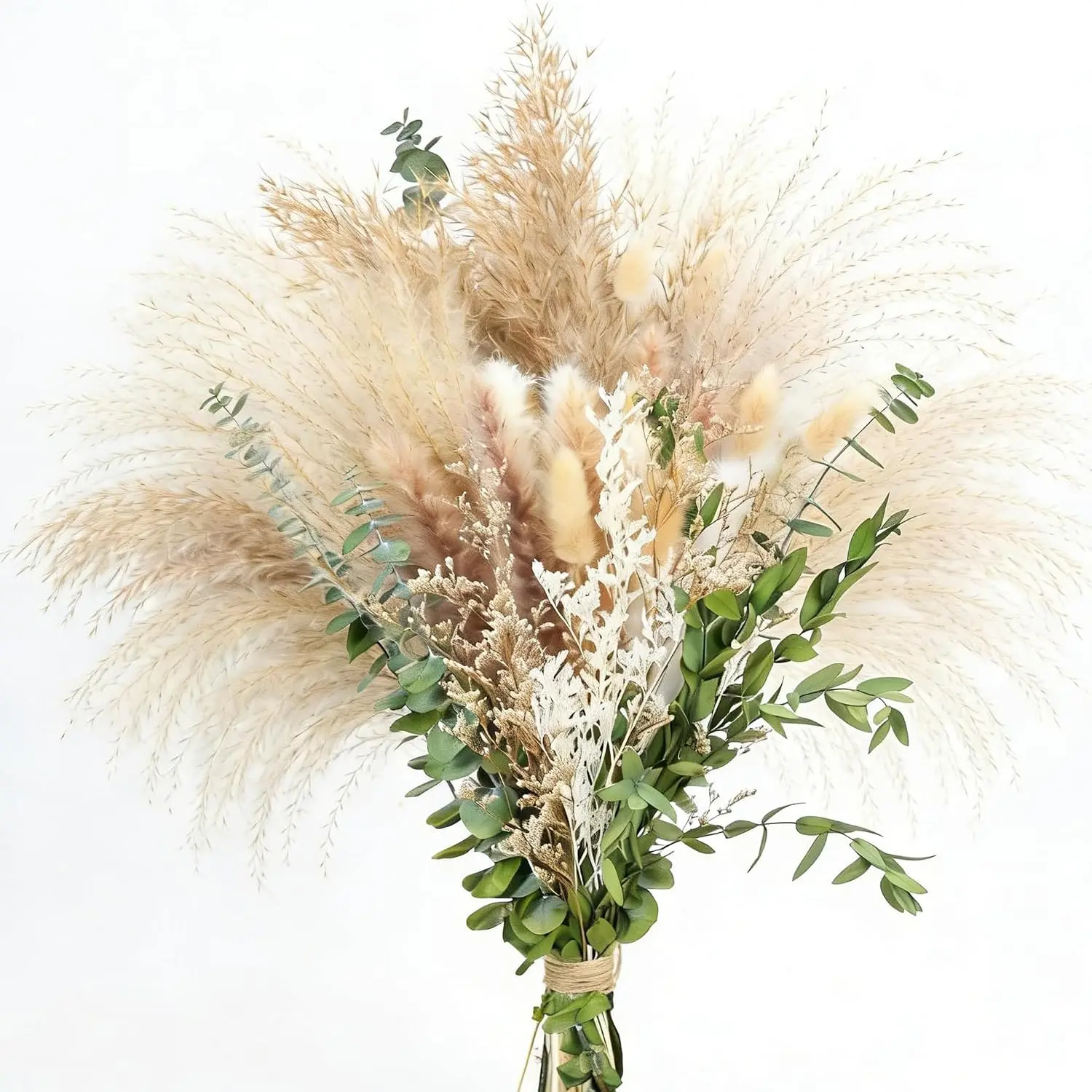 Natural Dried Pampas Grass Bouquet - 9 Varieties Mix with Eucalyptus & Bunny Tails - 17" Non-Shedding & Dye-Free Dried Flowers for Vase - Elegant Boho Home Decor for Wedding, Table & Shelf