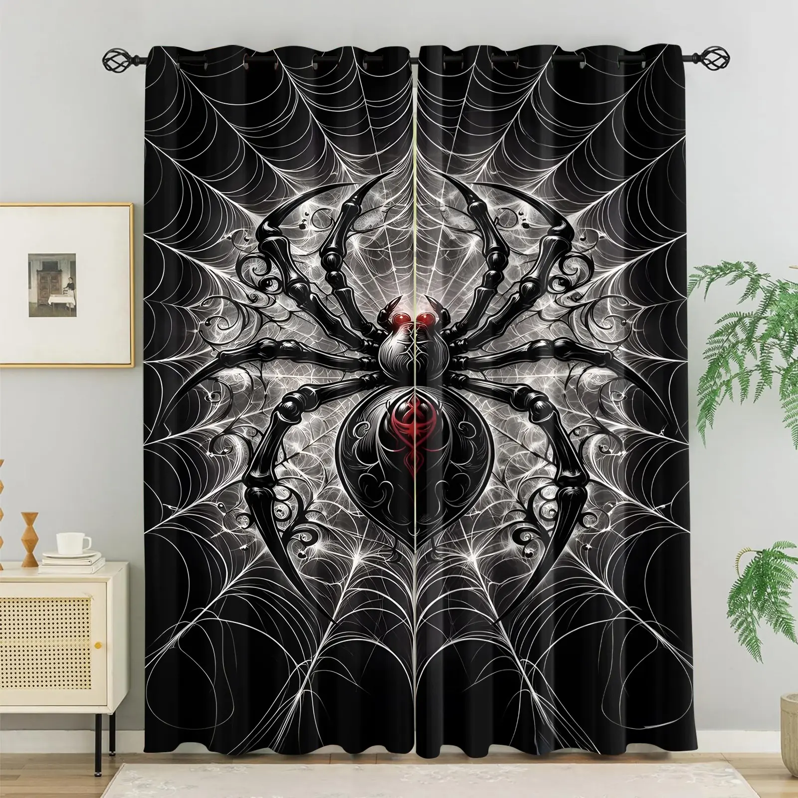 2 Panels Gothic Black Widow Spider Web Blackout Curtains, Black White Tattoo Style Red Mark Spider Window Decorate Drapes, Edgy Punk Halloween Dark Aesthetic Light Blocking Window Treatments for Goth Emo Teen Bedroom