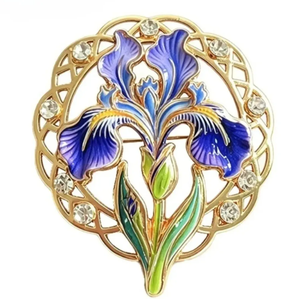 Vintage Iris Flower Brooch Purple Blue Enamel Clear Rhinestone Gold Hollow Frame Floral Lapel Pin Wedding Coat Jewelry Gift