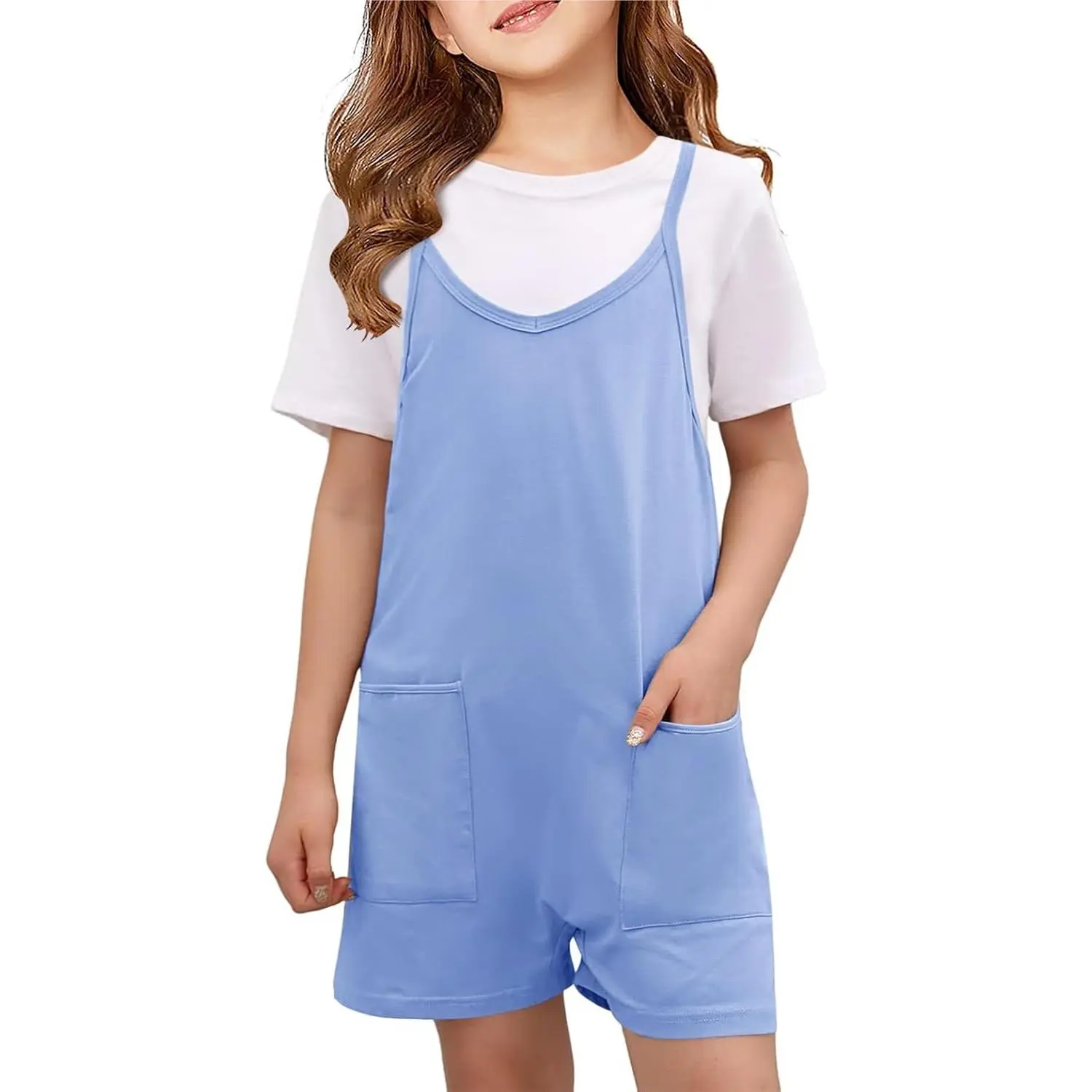 Girls Summer Sleeveless Casual Rompers Jumpsuits with Spaghetti Straps, Pockets, Loose Fit