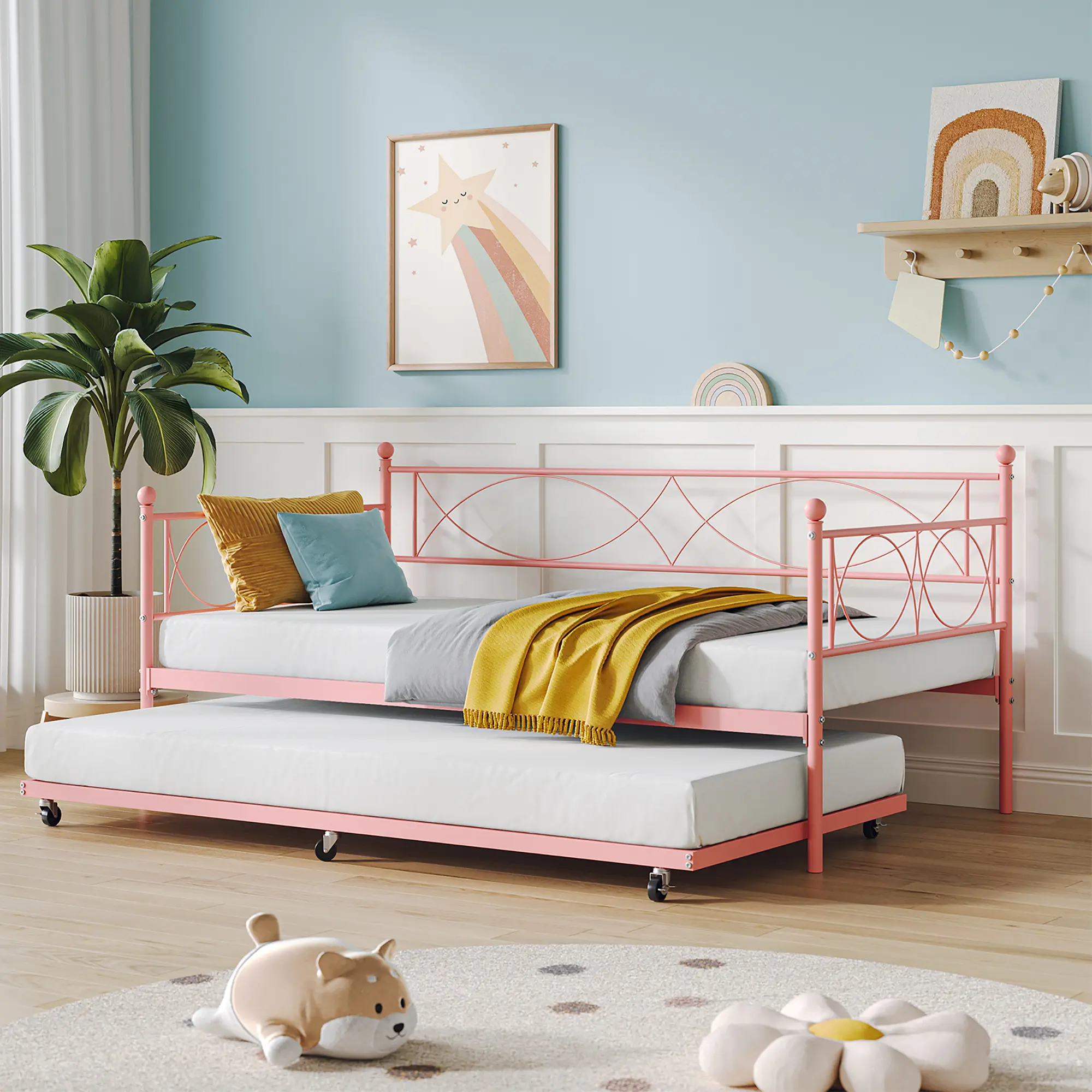 Space-Saving Twin Size Metal Daybed with Pull-Out Trundle - Durable Steel Slats Support - Multifunctional Sofa Bed Frame for Bedroom, Living Room, Guest Room