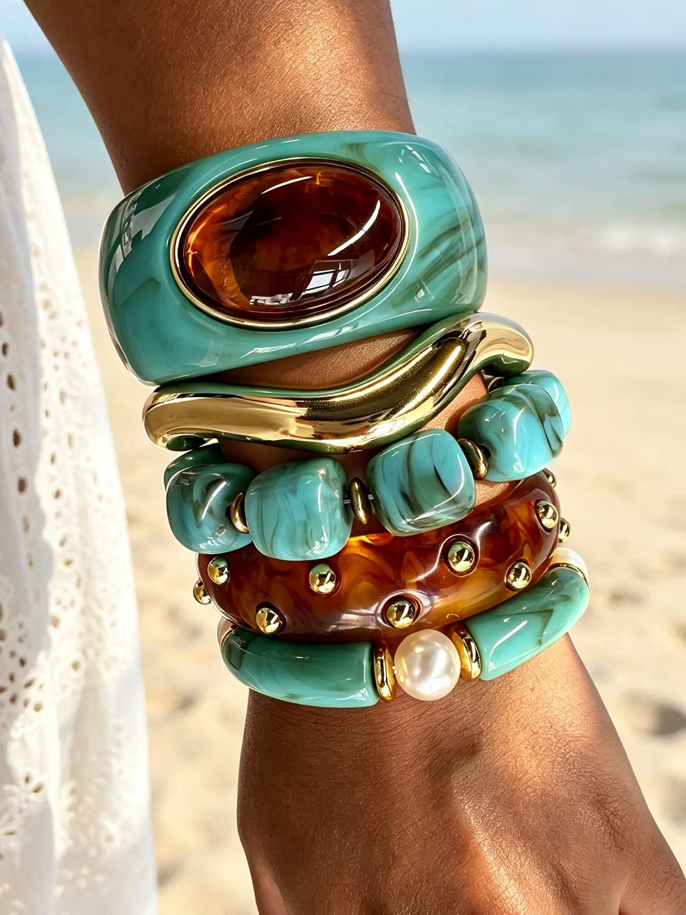 5 Pcs Women's Beaded Bracelet Set, Boho Style Turquoise Geometric Cuff, Elegant Fashion Jewelry for Party, Beach, Birthday Gifts