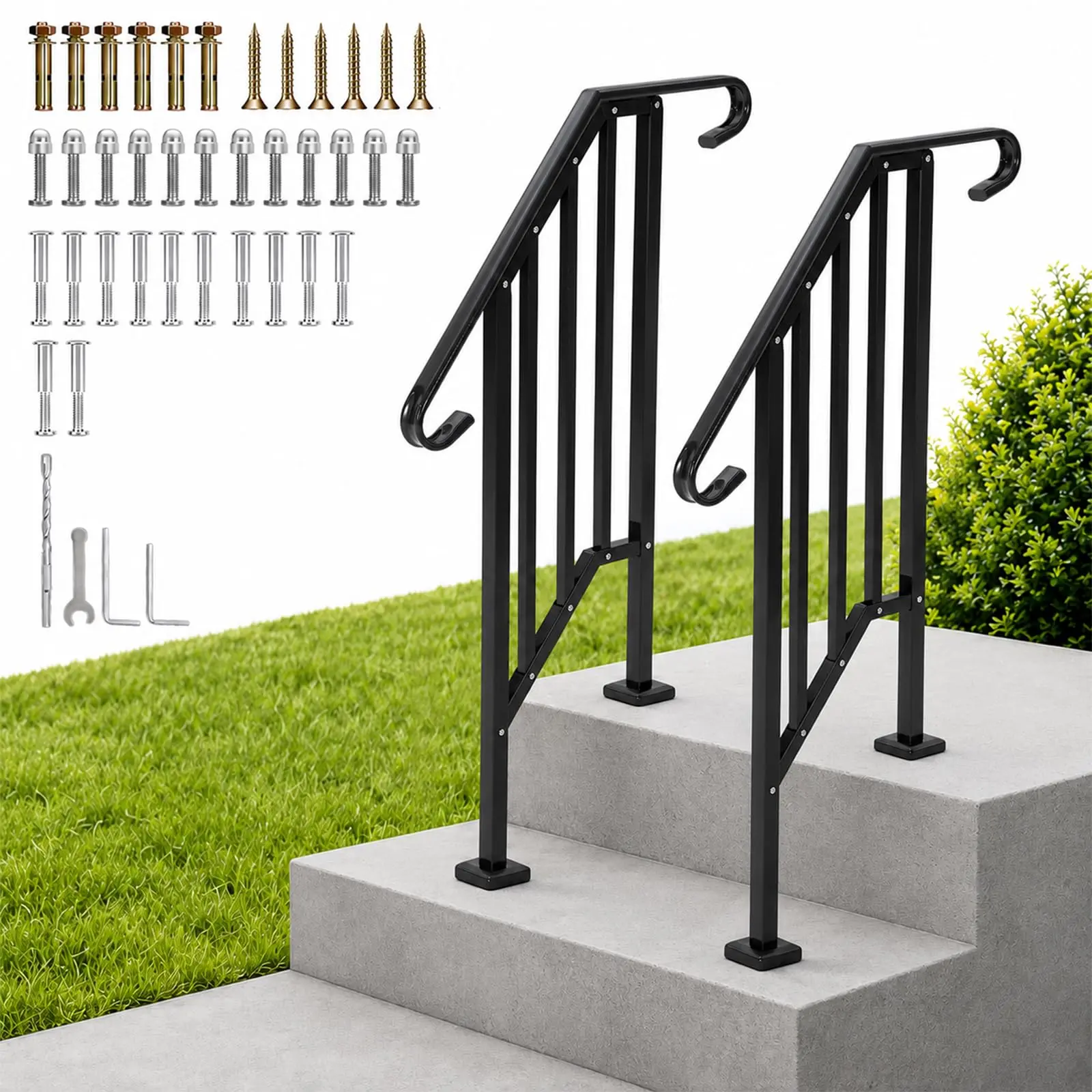 2 Pack Outdoor Stair Handrails for Porch & Deck Steps, 2 Step Heavy Duty Metal Safety Rails, Easy DIY Install for Wood Concrete or Brick Steps