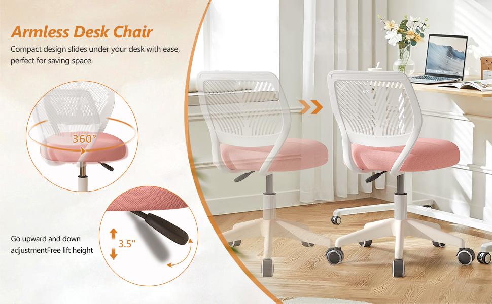 Armless Desk Chair, Height Adjustable Swivel Office Rolling Task Chairs with Soft Mesh Padded Cushion, Ergonomic Small Study Computer Chair for Girls Boys Teens (Pink, 1PC)