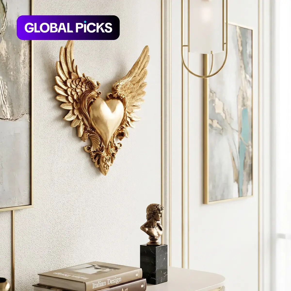 European Vintage Gold Heart Wings Wall Decor, Decorative Hanging Piece, Resin Hand-Painted 3D Heart and Symmetrical Wing Relief, DIY Home Decoration, Artistic Home Decor, Interior Decoration, Religious Ornament, Wall Hanging Decoration #GLOBAL PICKS