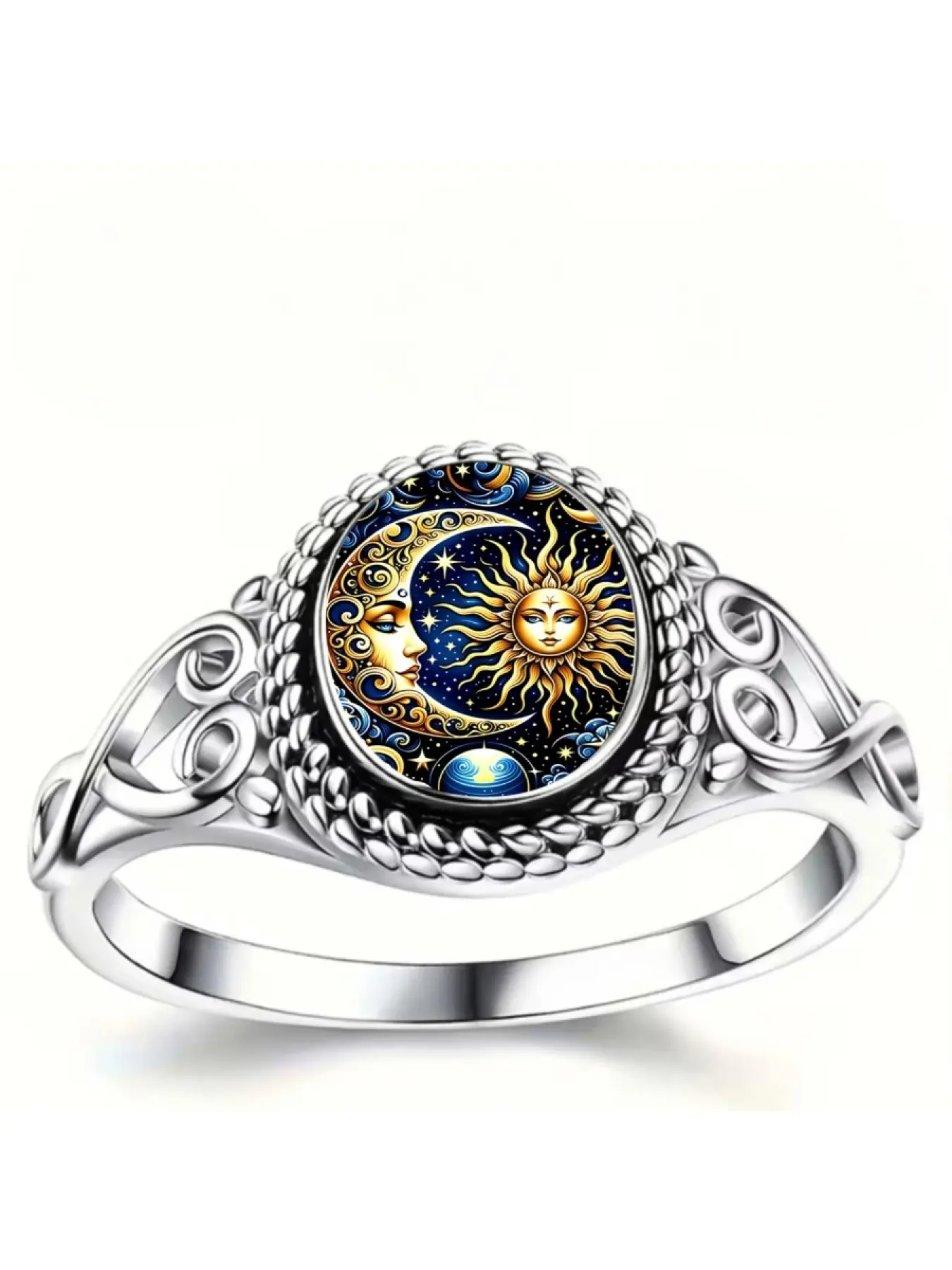 Retro Hollow Celtic Scrollwork Sun, Moon, Stars, and Human Face Art Print Ring - Mysterious Astrology Fantasy Style, Small and Versatile, Suitable for Commuting, a Lady's Ambiance Decorative Jewelry