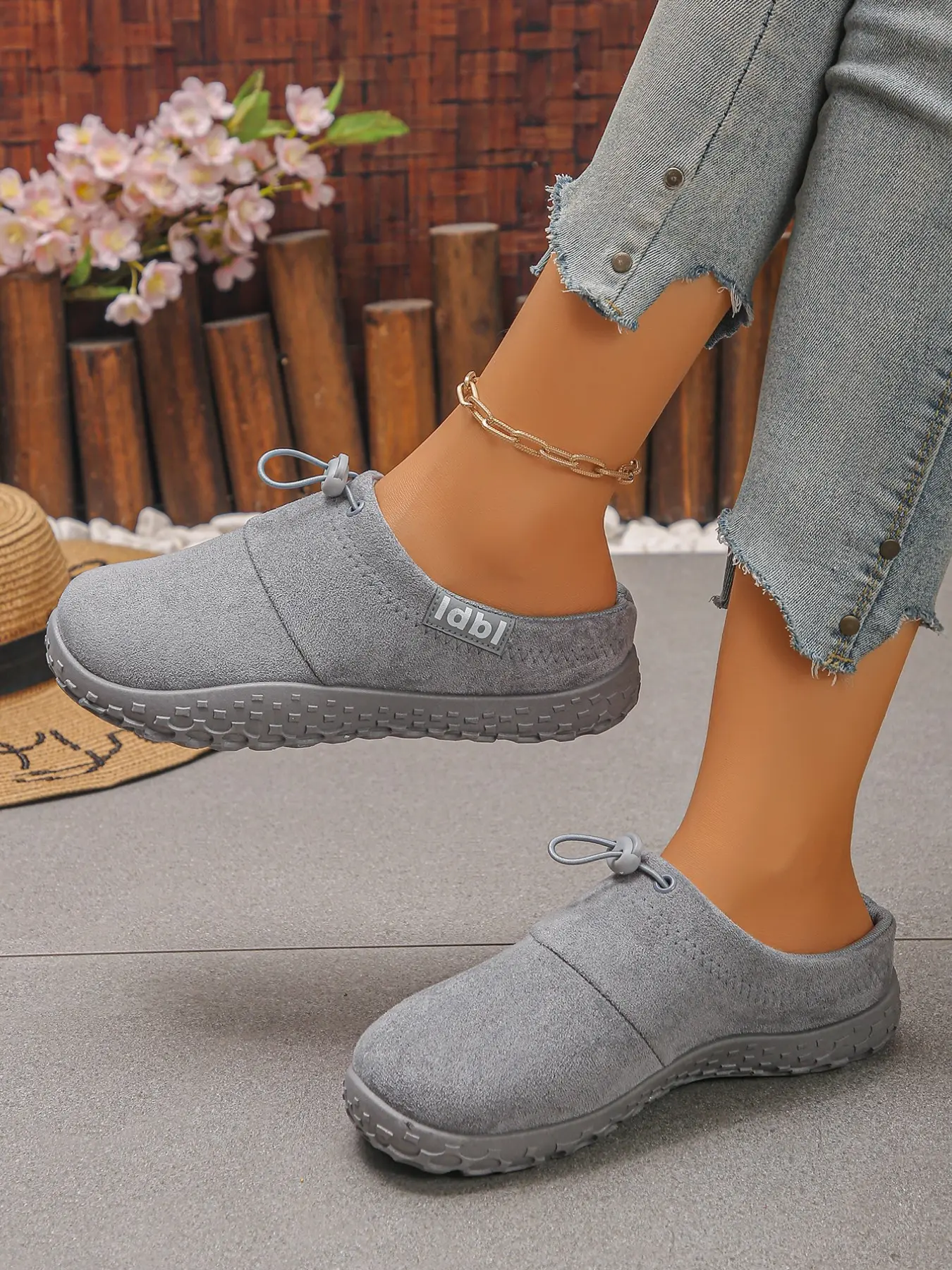 Casual Women Drawstring Suede Slip On Backless Mule Clogs, Light Non-Slip Walking Mules, All-Match Footwear For Home Daily Shopping & Outdoor Strolls, Clog Shoes