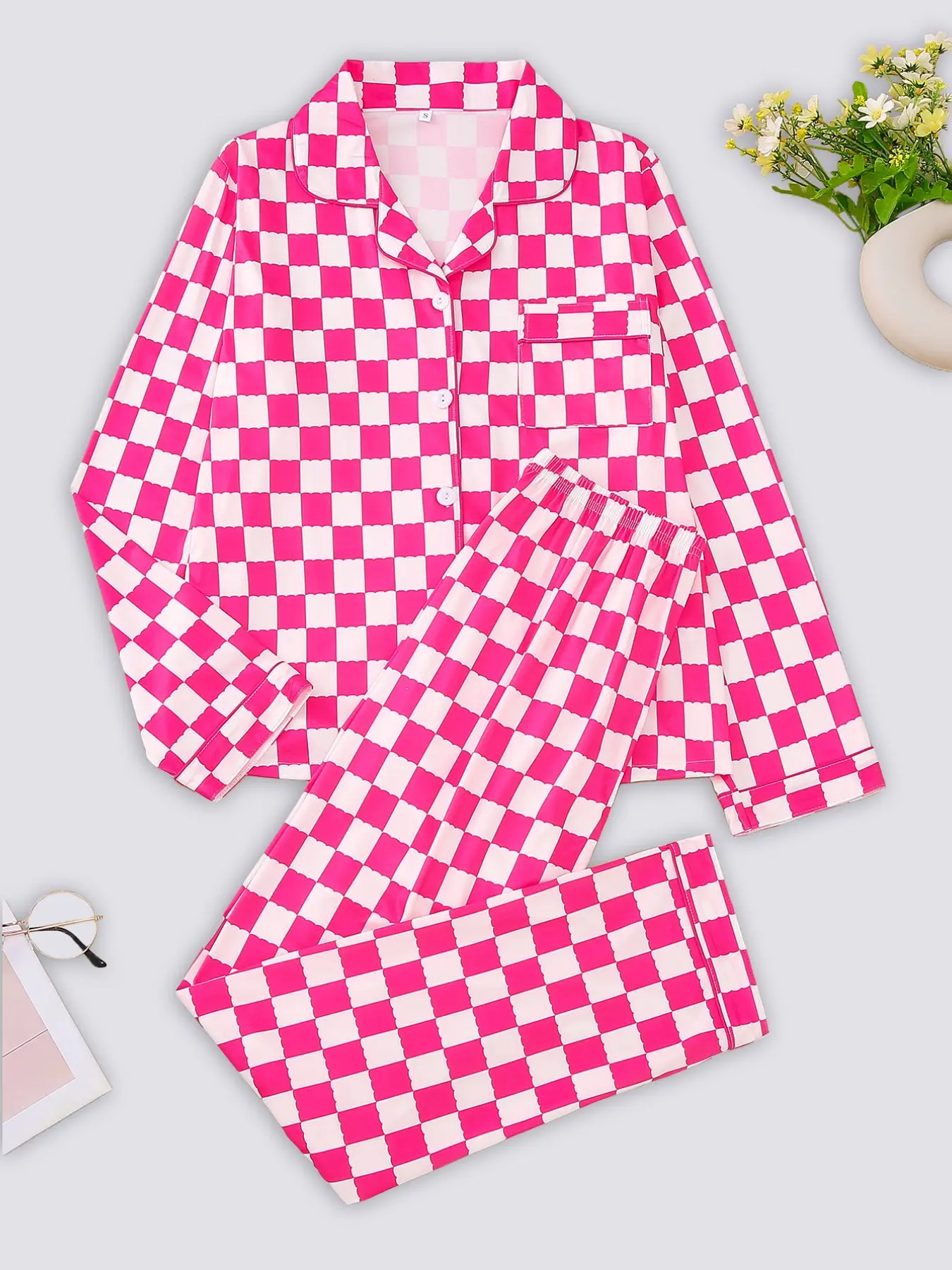 Women's Plaid Pajama Set, Long Sleeve Fitted Sleepwear Loungewear, Soft Comfortable Fabric, Casual All-Seasons Nightgown, Button Front Design