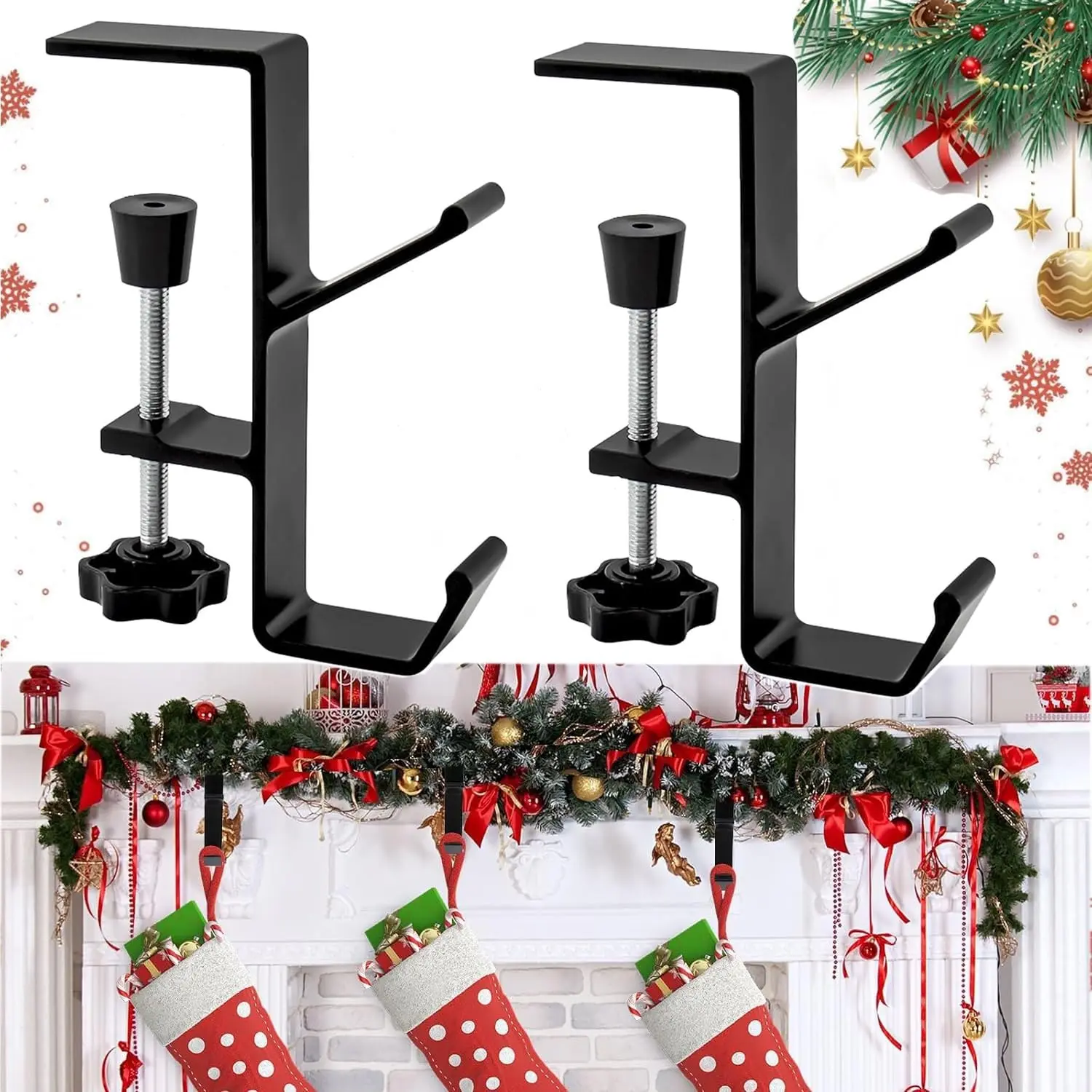2pcs 2 in 1 Christmas Stocking Garland Hanger with 2 Hooks, Stocking Holders for Xmas Fireplace Mantle Garland