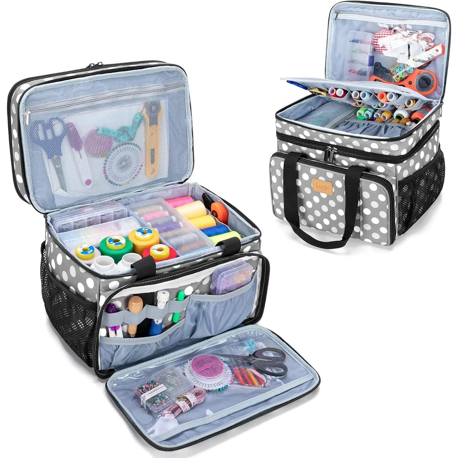 Large 2-Layer Sewing Organizer with Many Compartments and Varisized Pockets, Storage Bag for Sewing and Crafting Supplies (Bag Only), Polka Dots