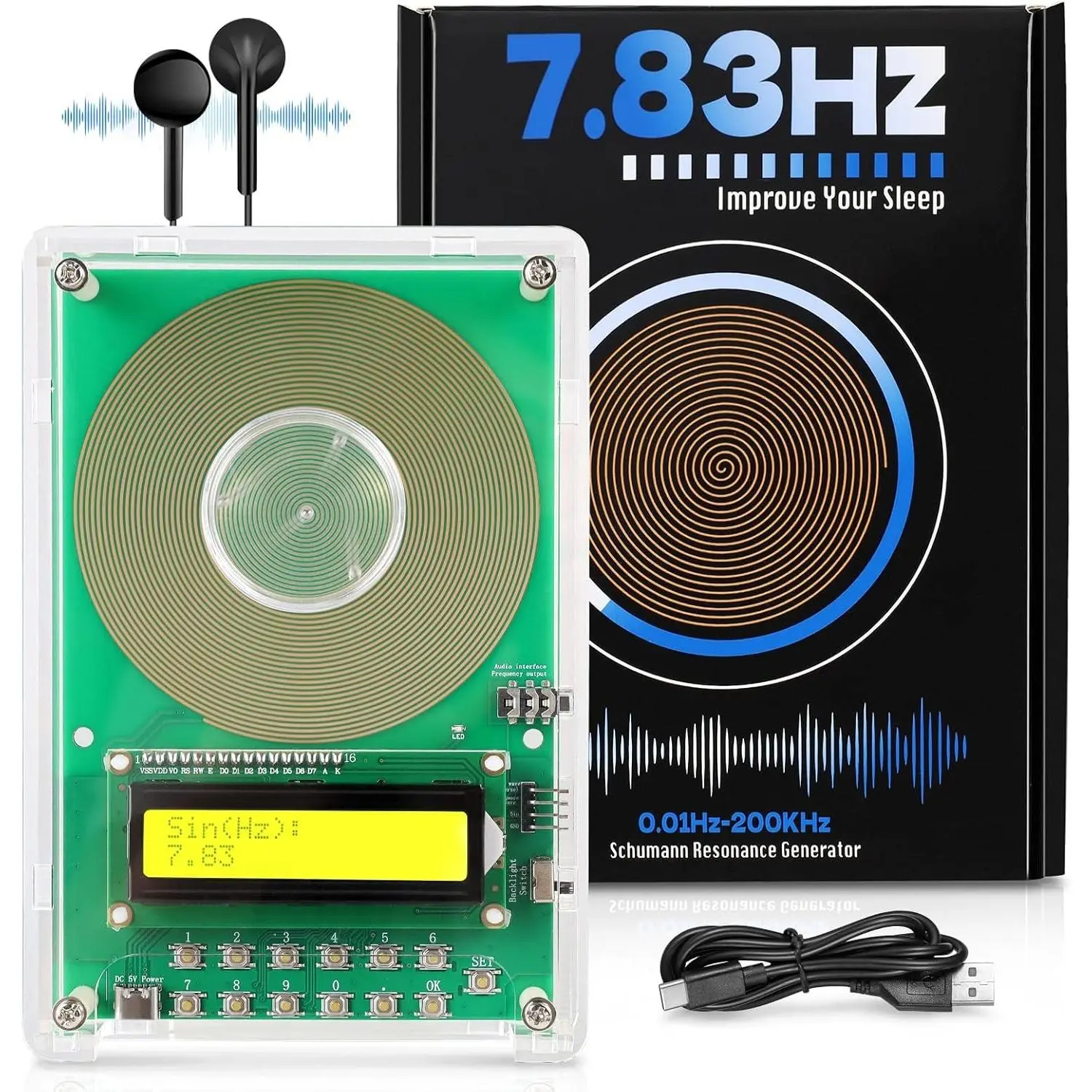 7.83Hz Frequency Generator for Healing | Schumann Resonance Generator, Adjustable 0.01Hz-200kHz, Sound Therapy Devices For Meditation, Sleep, Type-C Powered