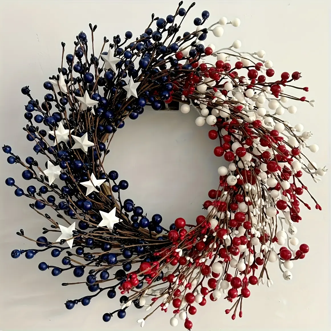 Independence Day Wreath – Red, White, and Blue Faux Berry Star-Shaped Wreath; Handmade DIY Decor for Front Door, Walls, Parties, and Home (Patriotic/Memorial Day Theme)