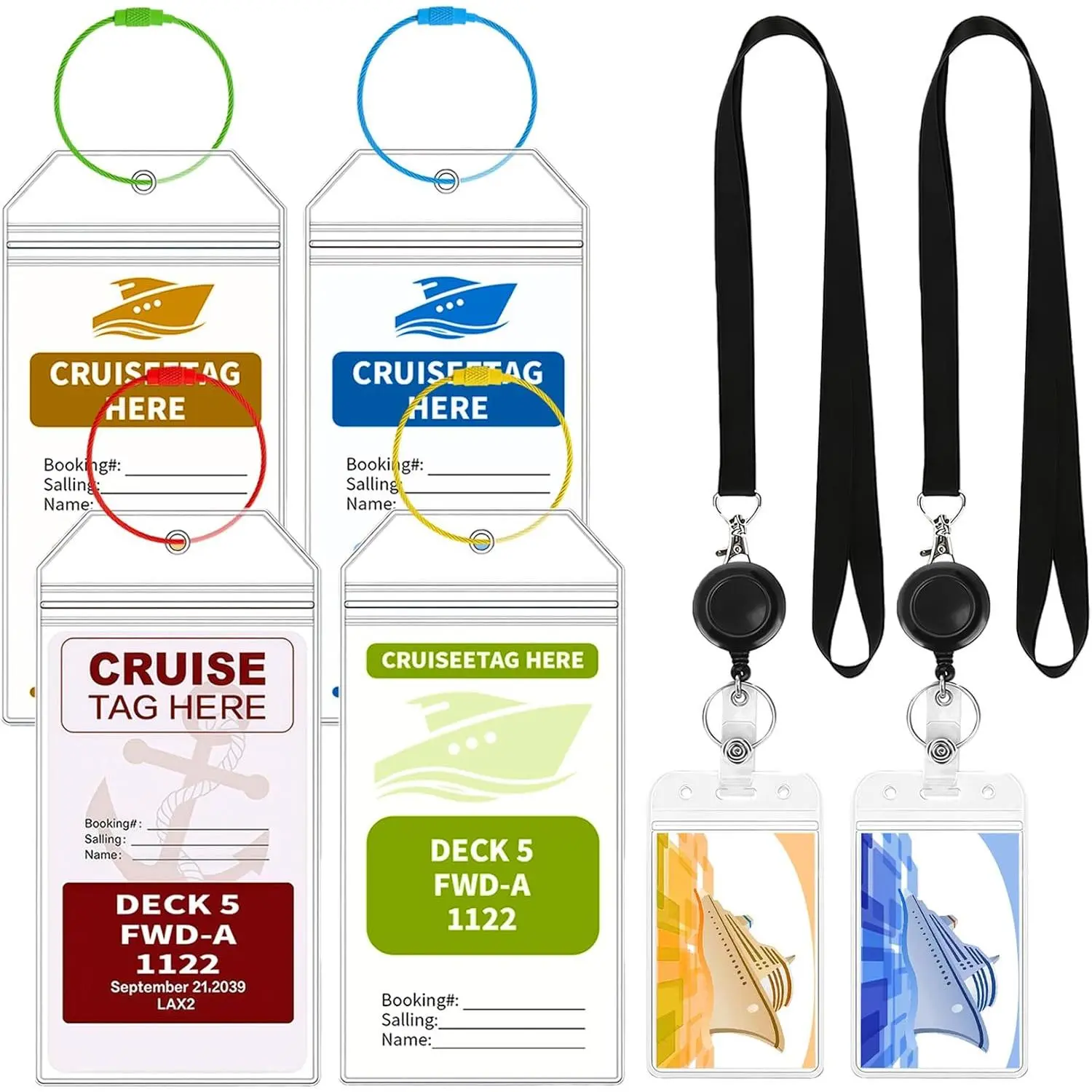 6 Pack Cruise Luggage Tag Holders, Cruise Essentials Kit – Includes Retractable Cruise Lanyards for Ship Cards,  &  Clear Luggage Tags, Cruise Accessories -Haves