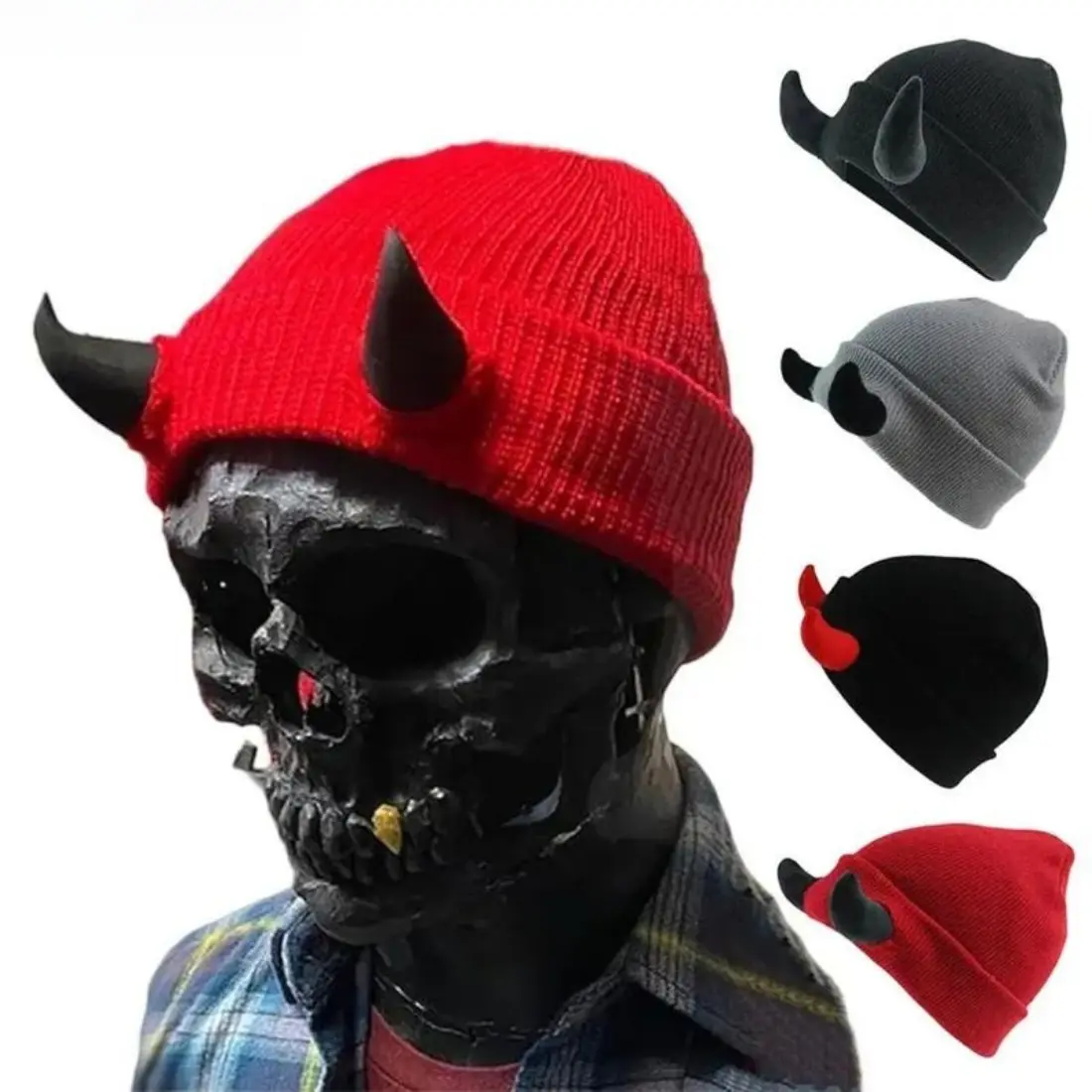 Reversible Devil Horn Beanie Hat, 3D Horn Knit Winter Beanie for Men and Women, Soft Stretchy Acrylic Warm Hat, Gothic Streetwear and Alternative Outdoor Fashion Accessory for Cold Weather, Festivals, Travel and Daily Wear