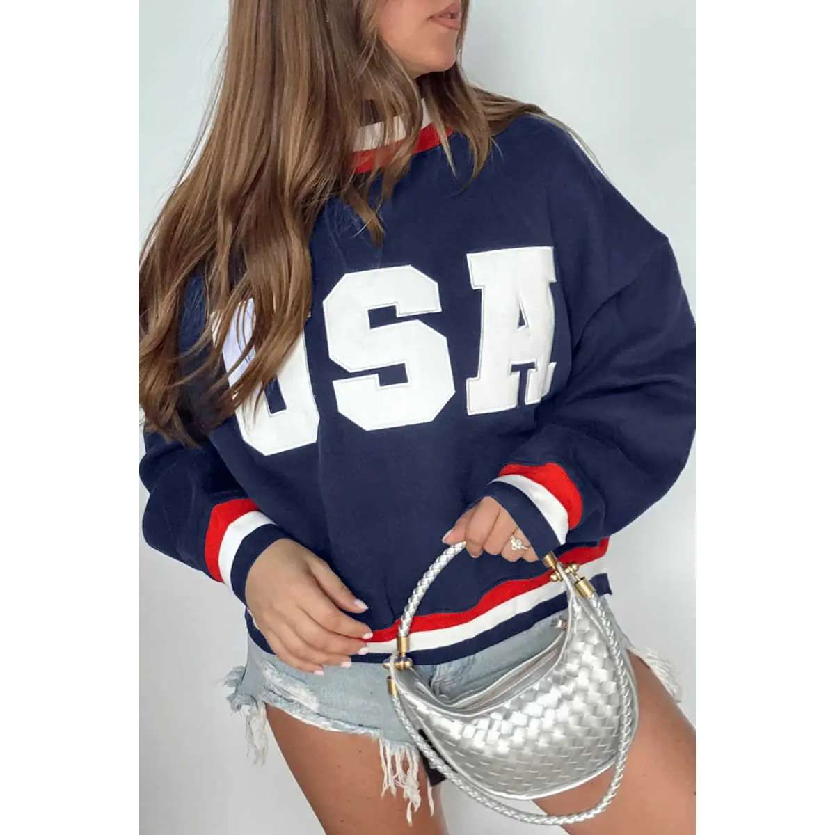 Dirty blue USA Slogan Patch Embroidery Colorblock High Neck Long Sleeve Sweatshirt