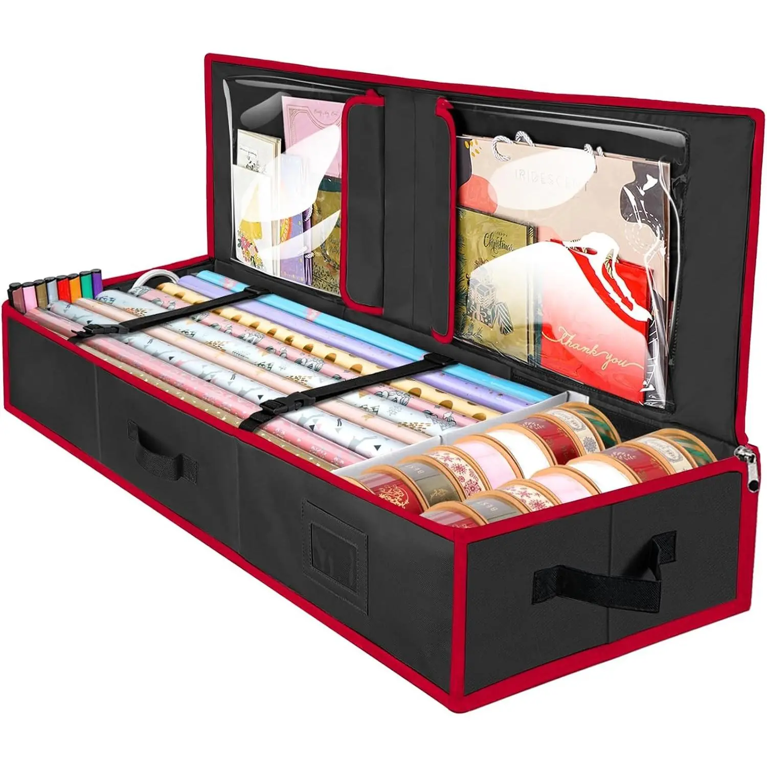 Wrapping Paper Storage Organizer, 40" Durable 600D Oxford Fabric Gift Wrap Storage Bag with Flexible Partitions for Ribbon, Holiday Accessories (Black/Red)