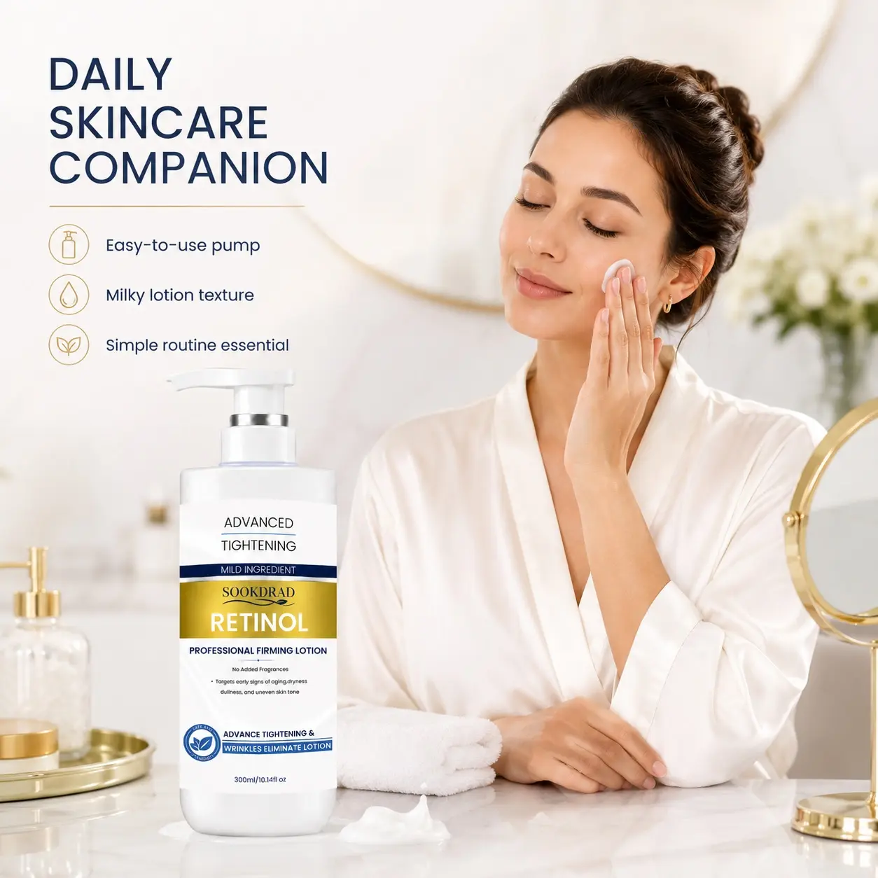 Retinol Firming Lotion, Retinol, advanced tightening, wrinkles eliminate, targets early signs of aging, targets dryness, targets dullness, targets uneven skin tone, no added fragrances, mild