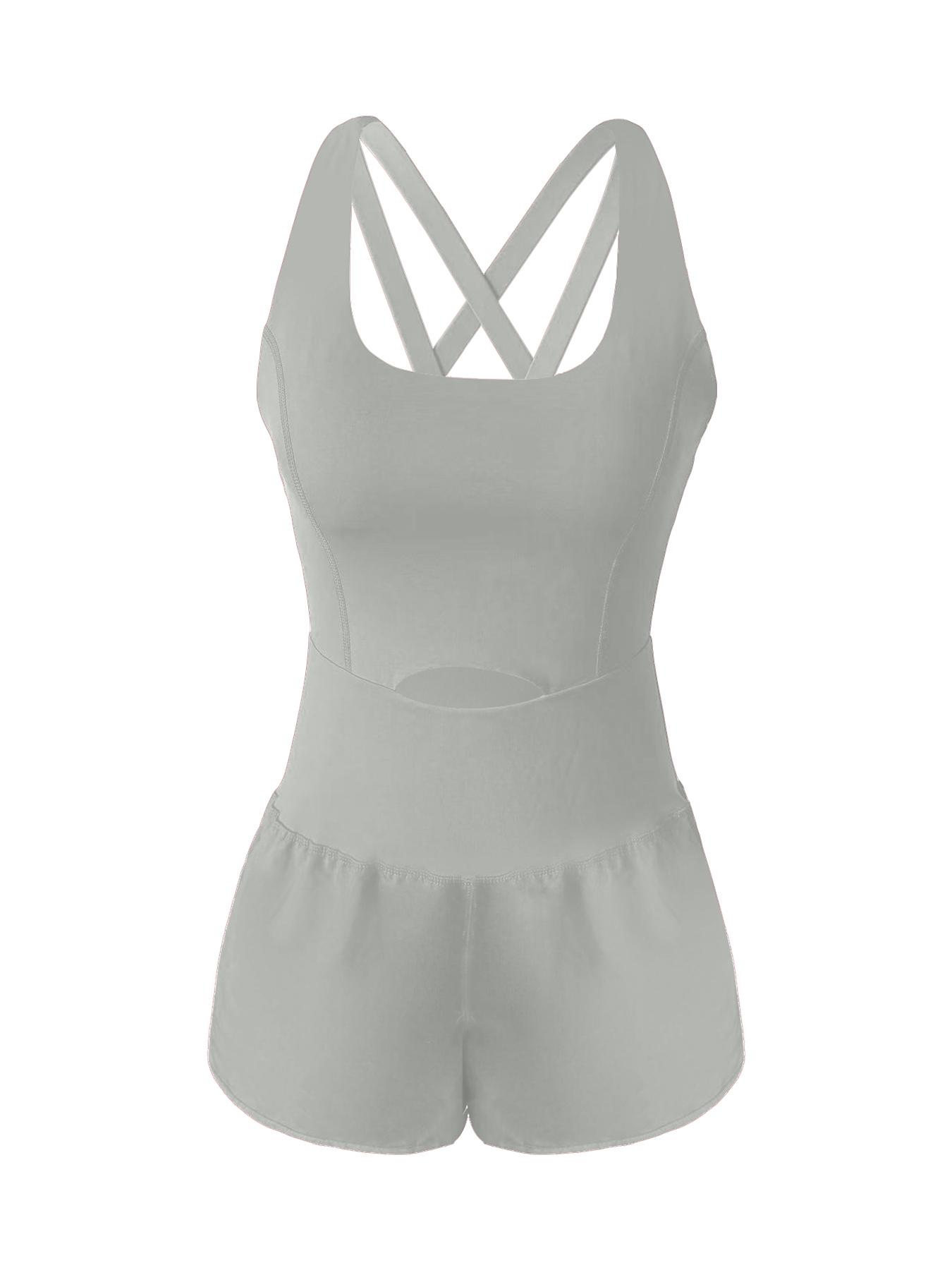 Women's Solid-Color Racerback Sports Romper, Athletic Workout Romper with Removable Chest Pads, High Waisted Romper, Casual Comfy Breathable Sleeveless Jumpsuit for Yoga, Gym and Workouts, Stretch Sportswear for All Seasons