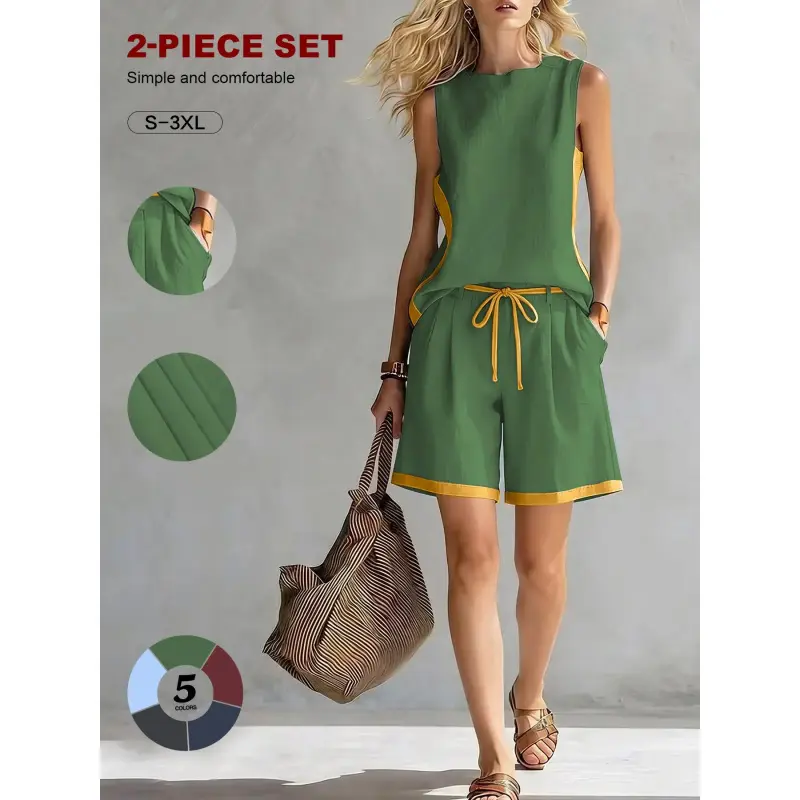 Women's 2026 Stylish 2-Piece Loungewear Sets - European and American Chic Sleeveless Colorblock Loose Top & Wide Leg Pants for Summer Casual Wear, Stylish Two-Piece Loungewear Sets
