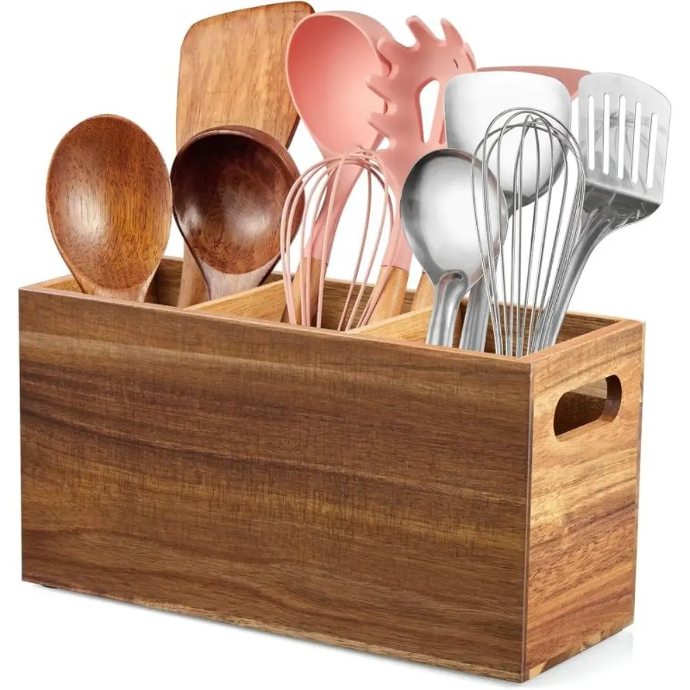 Wood Utensil Holder for Kitchen Counter 3 Compartment Large Cutlery Holder Caddy Organizer for Silverware Fork Spoon Spatula Wooden Racks Organization
