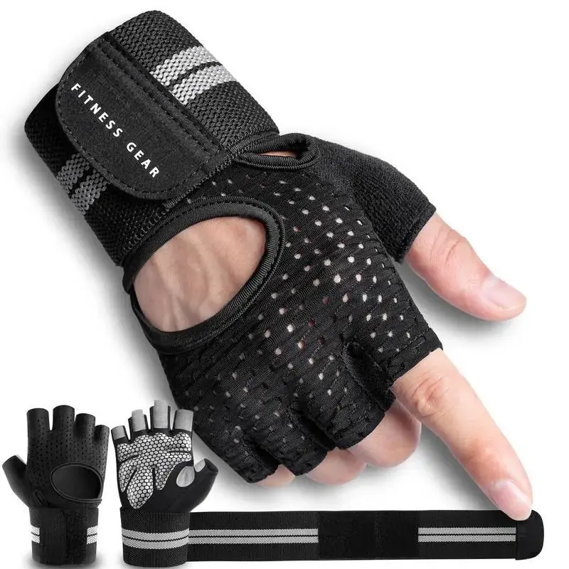 Breathable Knit Fabric Fitness Gloves for Gym Training, Fingerless Design with Adjustable Wrist Support and Grip Band for Men & Women, Thick Fingerless, Unisex Names, Adjustable Strap Workout, Fitness Training Band, Gym Workouts, Weightlifting, Fingerless