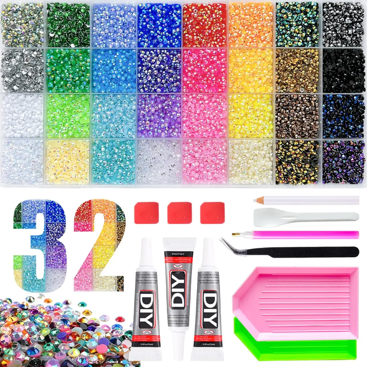 Rainbow Rhinestone Kit with Tools, Easy-To-Use ，32 Grid Multicolor Flat Resin Rhinestones All In One DIY Bling Kit with Rhinestone Tray, Pickup Pen, Tweezers, Wax Pencil, Complete Tools Set for Nail Art, Perfect Gift for Women