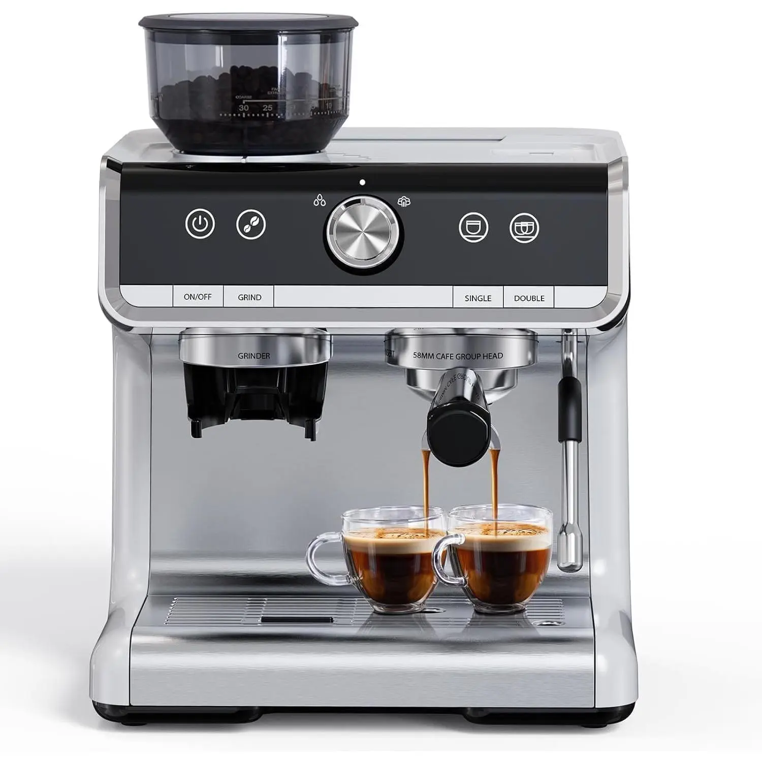 GAOMON Coffee Espresso Machine with Built-In Grinder, 2.8L Capacity, Fast Heating, Milk Frother, Interstellar Grey & Silver, for Home & Office Use