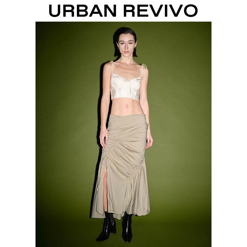 URBAN REVIVO High-Slit Beige Midi Skirt - Ruched Waist Flowy Silhouette for Effortlessly Chic Women Sense Deconstructed Pleated Fish Tail Half Skirt UWJ540010 SpringStatements