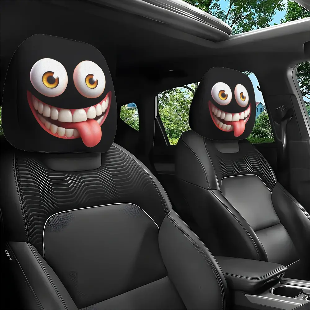 2pcs, Cartoon Big-Eyed Sticking Out Tongue Funny Printed Car Headrest Covers. Durable And Comfortable Car Headrest Covers, Suitable for Long-Distance Self-Driving to Relieve Cervical Fatigue, Making The Journey No Longer Monotonous