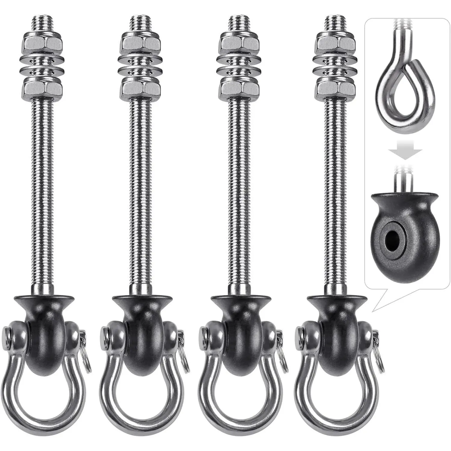 Heavy Duty Swing Hangers, Stainless Steel 304 Swing Bolts, 180° Swing, Perfect for Playground, Porch, Yoga, Hammock Chair, Punching Bag, Fits Wood and Steel Beams, 7.67'' (4Pack)