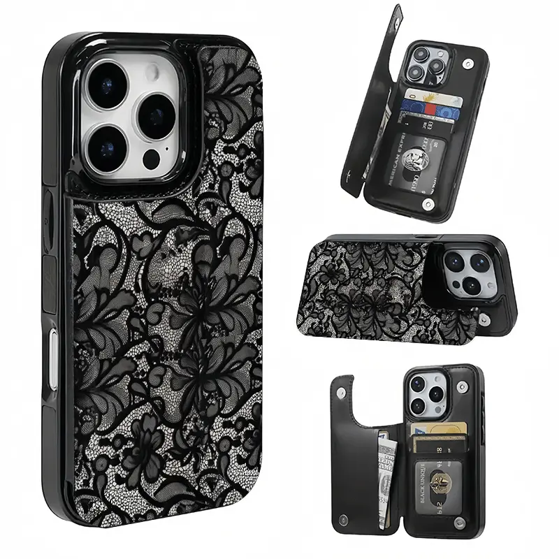 Black Lace Floral Pattern Card Holder, This phone case features a card slot function, can store bank cards, transit cards and other cards, suitable for iPhone 17/16/15/14/13/12, and makes a great gift for girls.