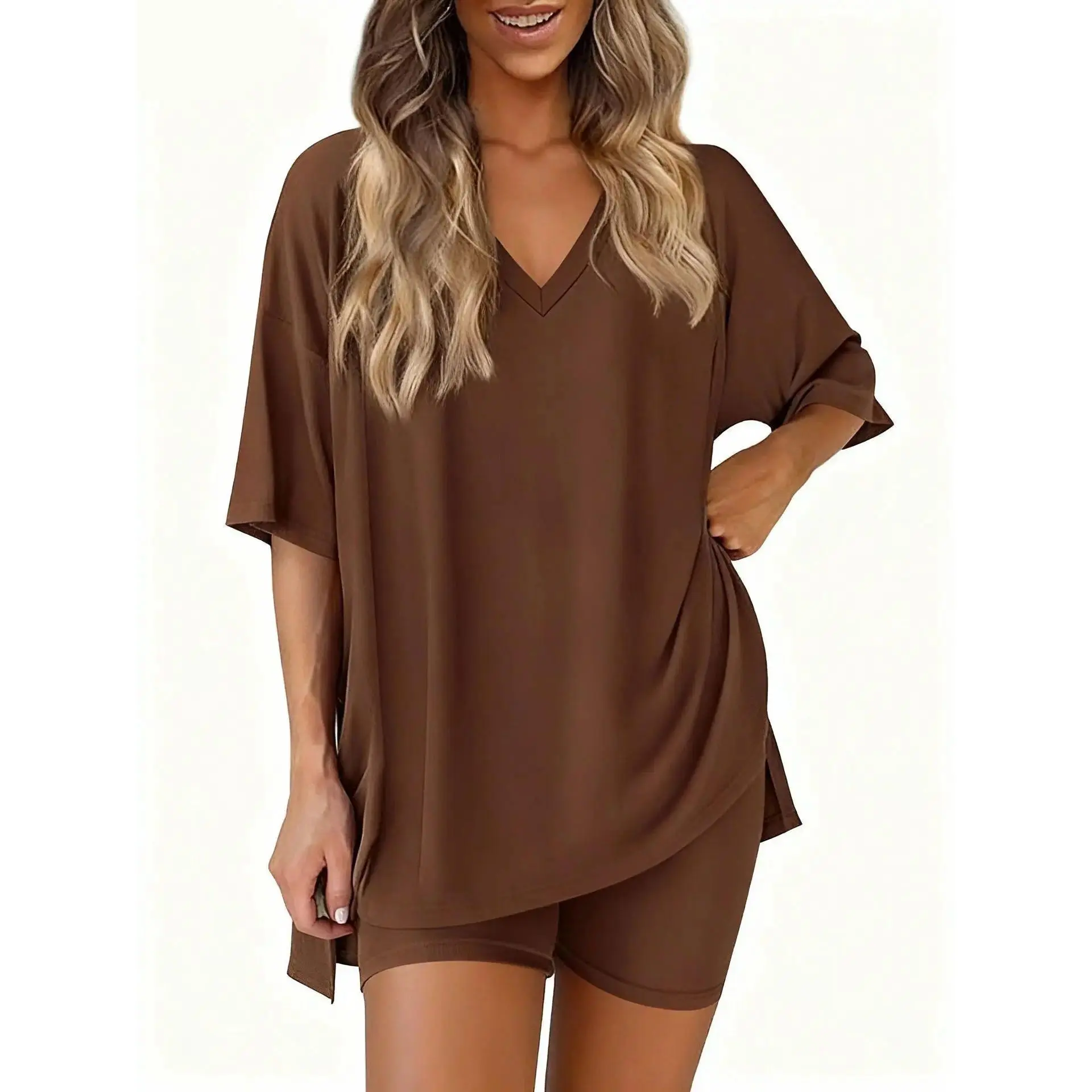Cozy Summer 2 Piece Outfit for Women, Oversized V Neck Tee with High Waist Biker Shorts, Relaxed Fit Pajama and Lounge Set